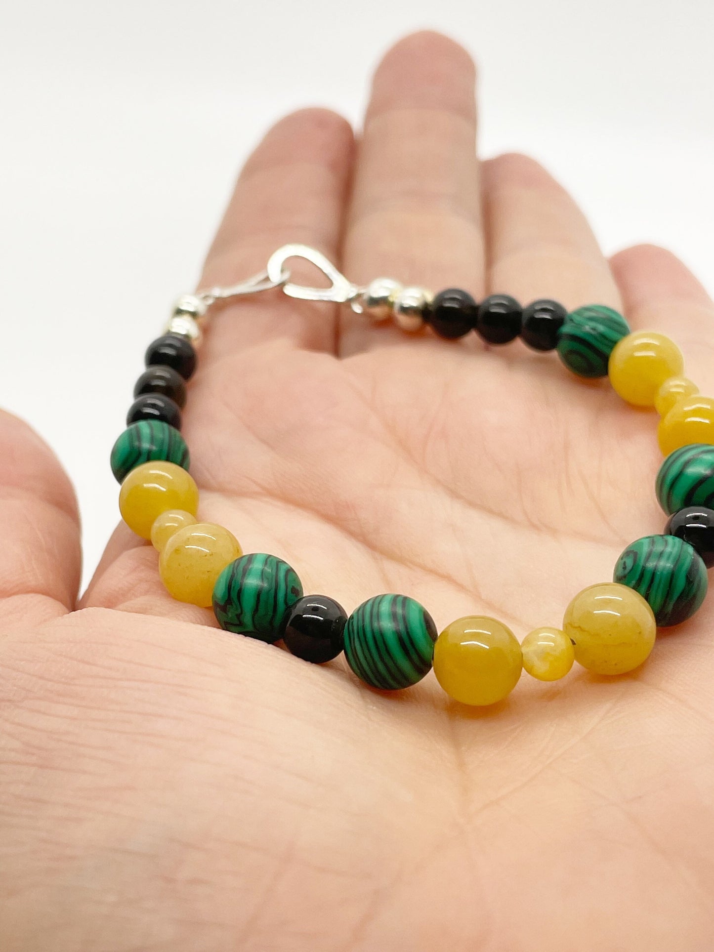 Crystal Breathbeads Meditation Bracelet. Malachite, Serpentine, Onyx, Sterling Silver