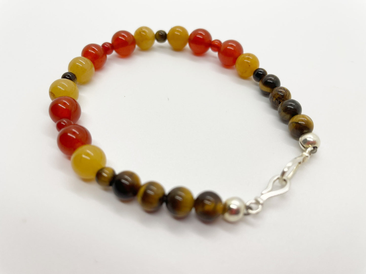 Crystal Breathbeads Gemstone Bracelet with Carnelian, Serpentine, Tigers Eye and Sterling Silver Clasp