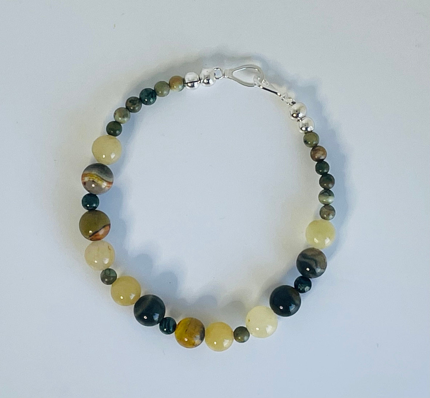 Crystal Gemstone Breathbeads  Mediation Bracelet. Bumblebee Jasper, Yellow and Kambaba Jasper and Sterling Silver Clasp