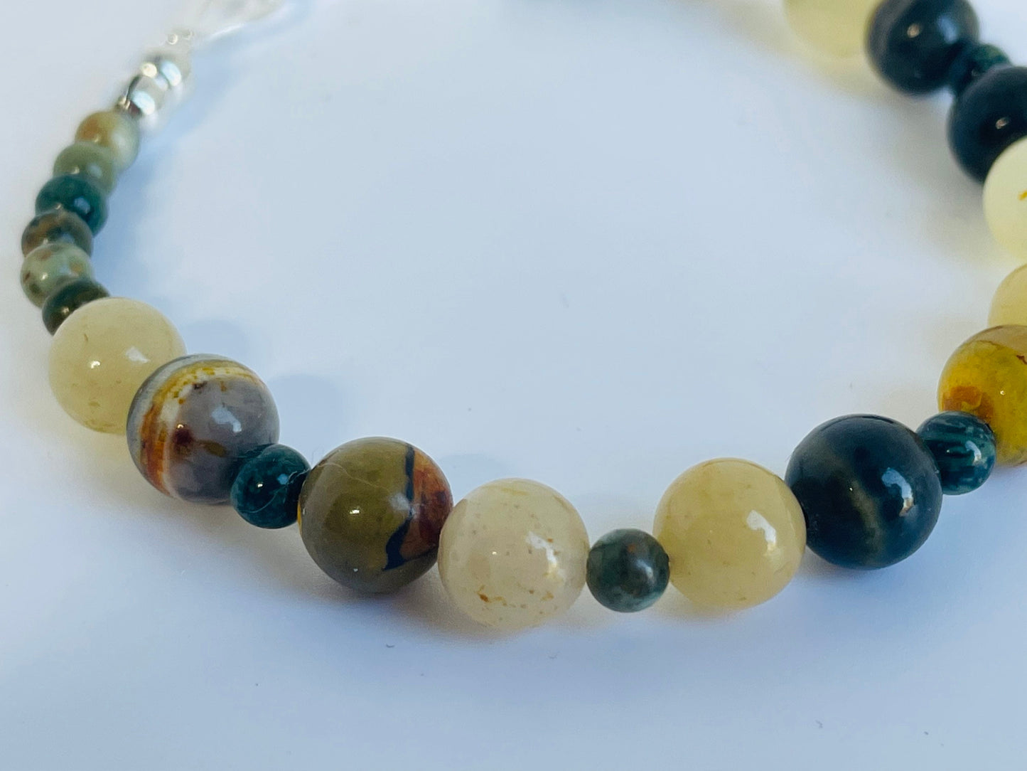 Crystal Gemstone Breathbeads  Mediation Bracelet. Bumblebee Jasper, Yellow and Kambaba Jasper and Sterling Silver Clasp