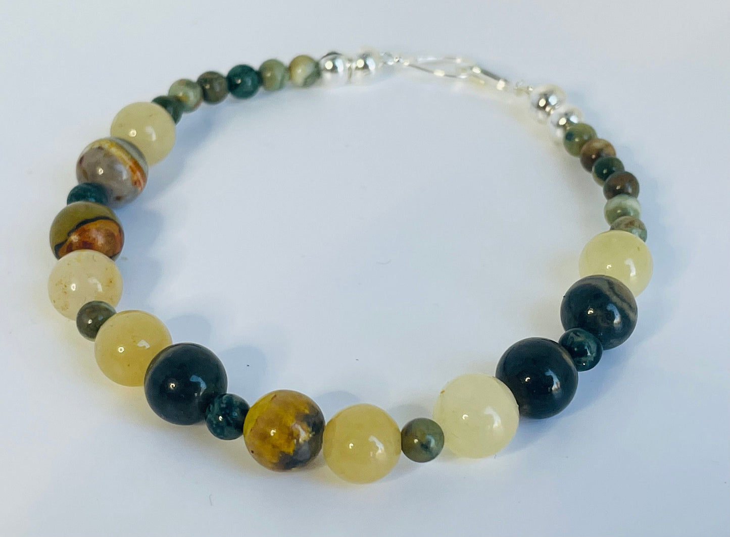 Crystal Gemstone Breathbeads  Mediation Bracelet. Bumblebee Jasper, Yellow and Kambaba Jasper and Sterling Silver Clasp