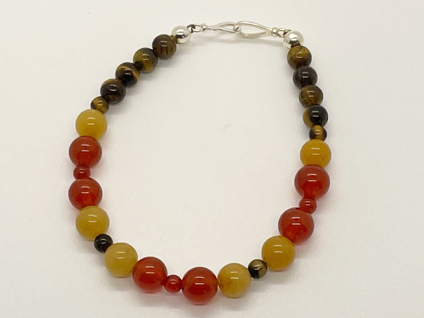 Crystal Breathbeads Gemstone Bracelet with Carnelian, Serpentine, Tigers Eye and Sterling Silver Clasp