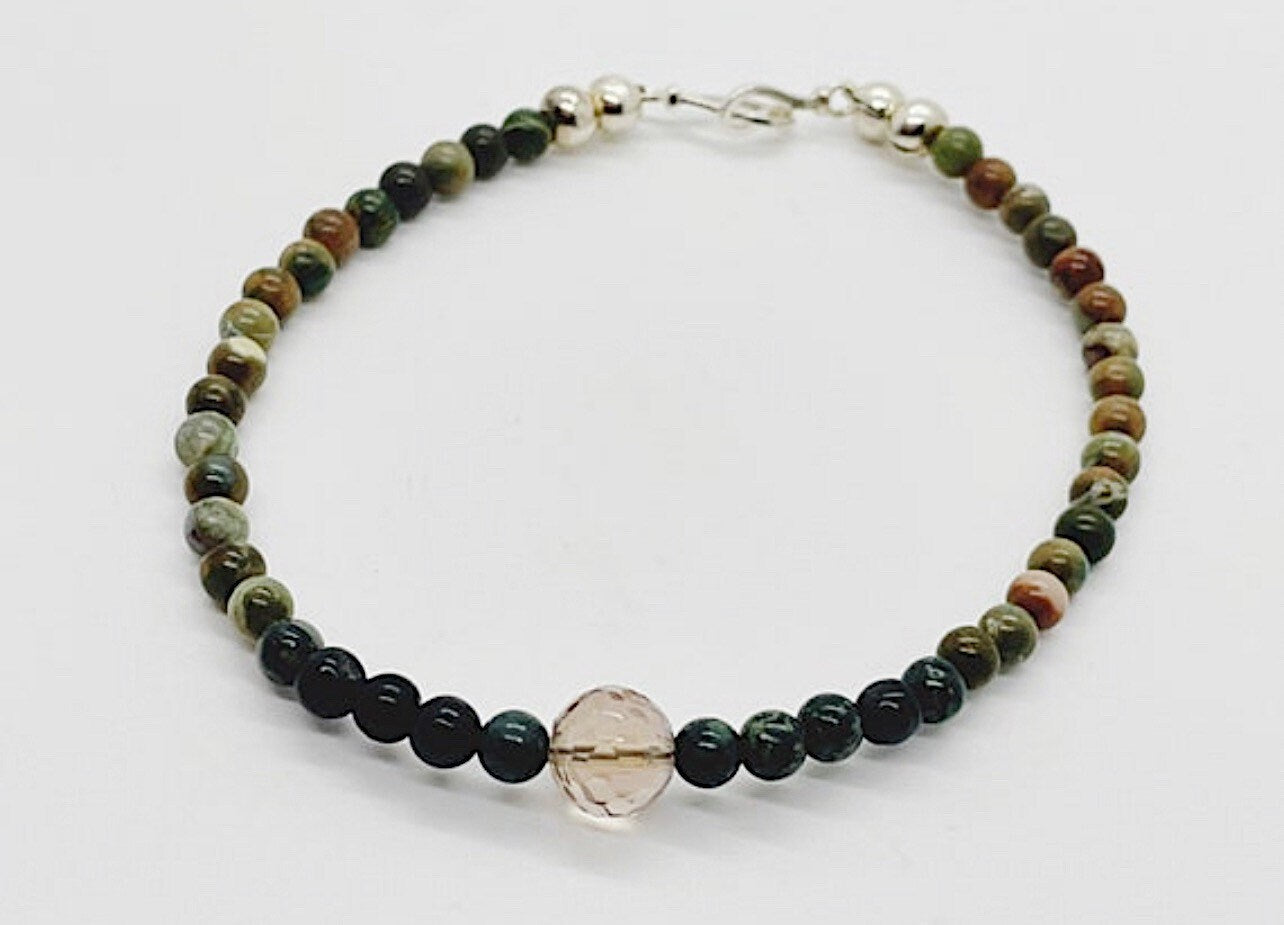 Crystal Gemstone Beaded Bracelet. Kambaba Jasper, Fluorite and Sterling Silver