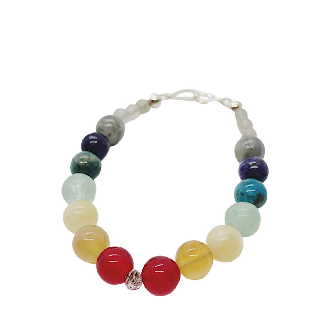 Healing Gemstone Chakra Bracelet. Herkimer Quartz, Red Agate, Carnelian, Yellow Jade, Fluorite, Apatite, Charoite, Labradorite.  Red, yellow, cream, green, blue, gray, white and herkimer quartz.