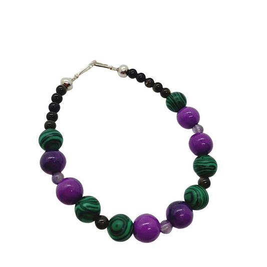 Malachite, Sugalite, Gold Obsidian, and Amethyst Breathbeads Bracelet with Sterling Silver Clasp