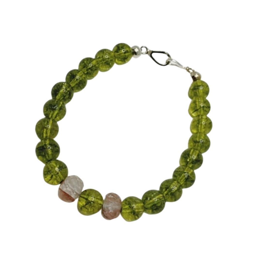 Peridot and Fire Quartz Crystal Gemstone Bracelet with Sterling Silver Clasp