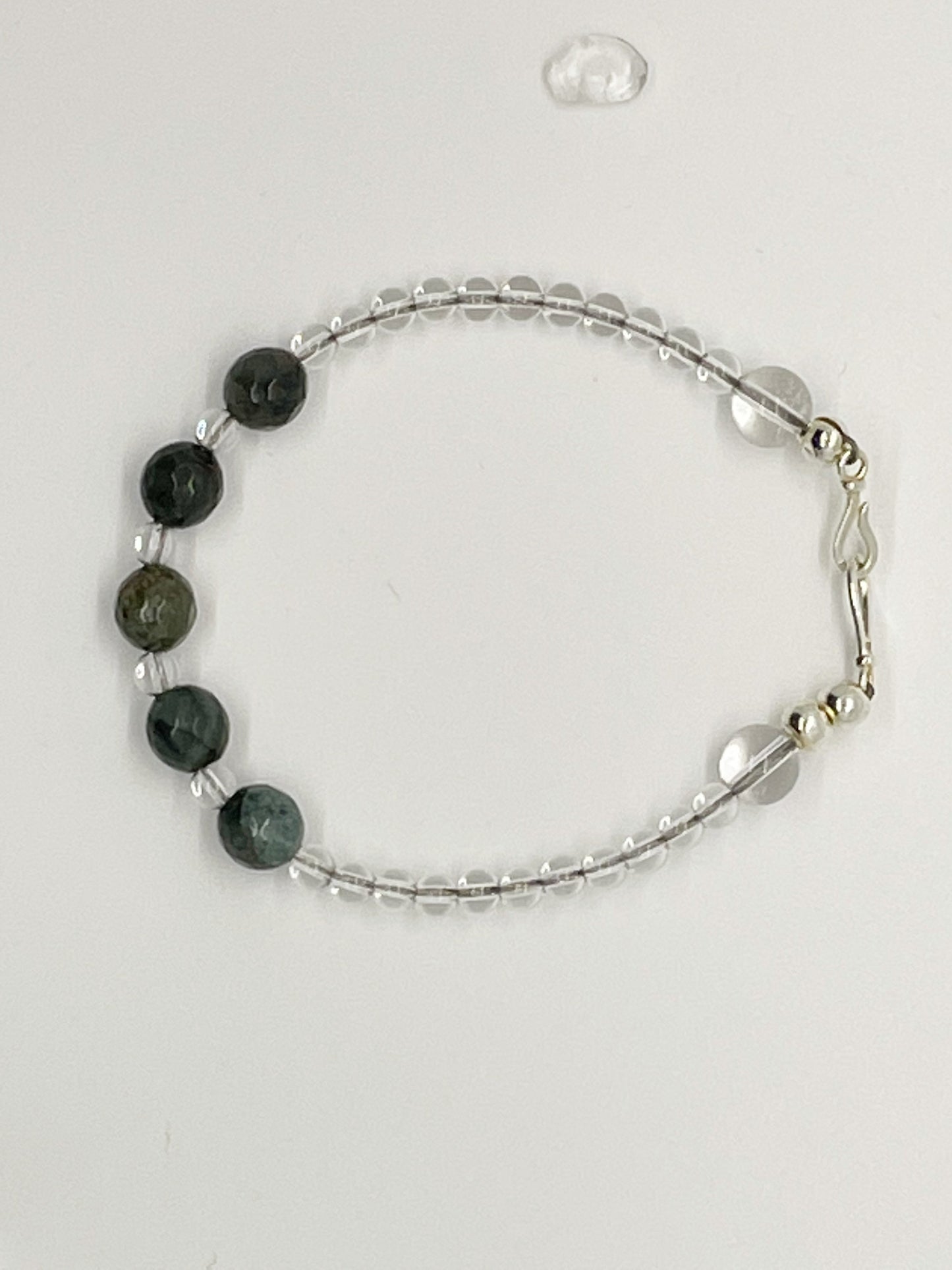 Crystal Green and Clear Stone Beaded Bracelet with Clear Quartz, Bloodstone and Sterling Silver Clasp