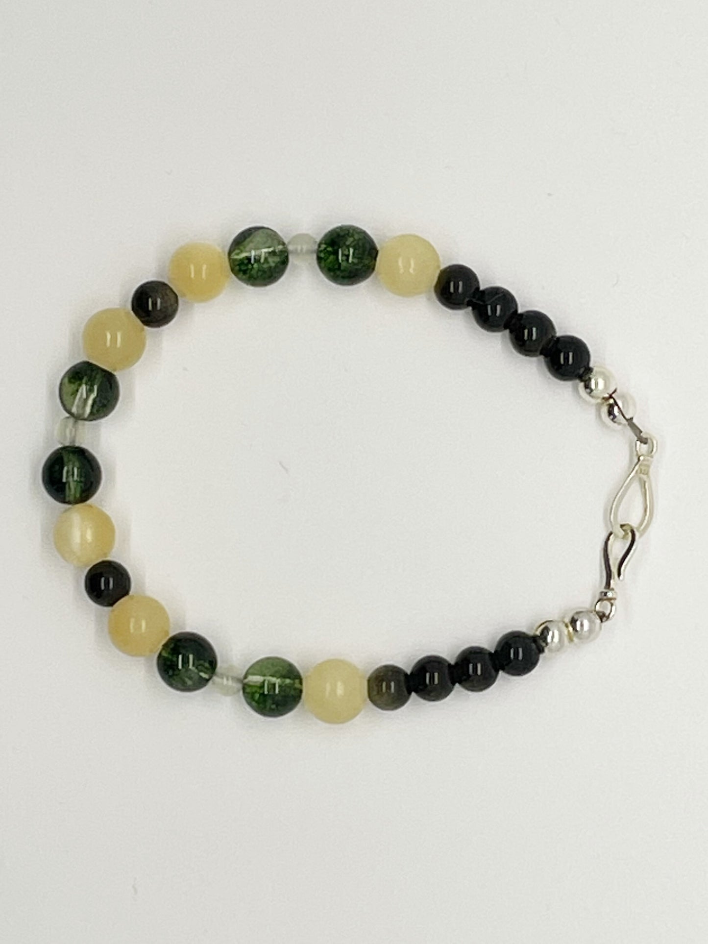 Life’s Purpose Crystal Gemstone Breathbeads Bracelet with Peridot, Yellow Jade, New Jade, and Gold Obsidian. Sterling Silver Clasp