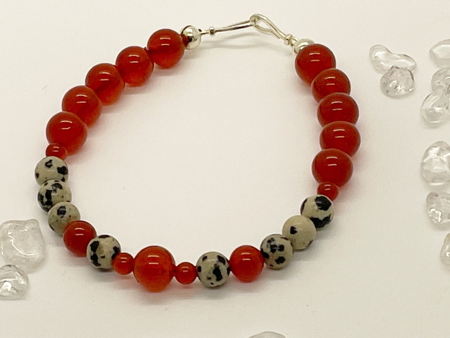 Crystal Gemstone Beaded Bracelet. Carnelian and Dalmatian Stone with Sterling Silver Clasp