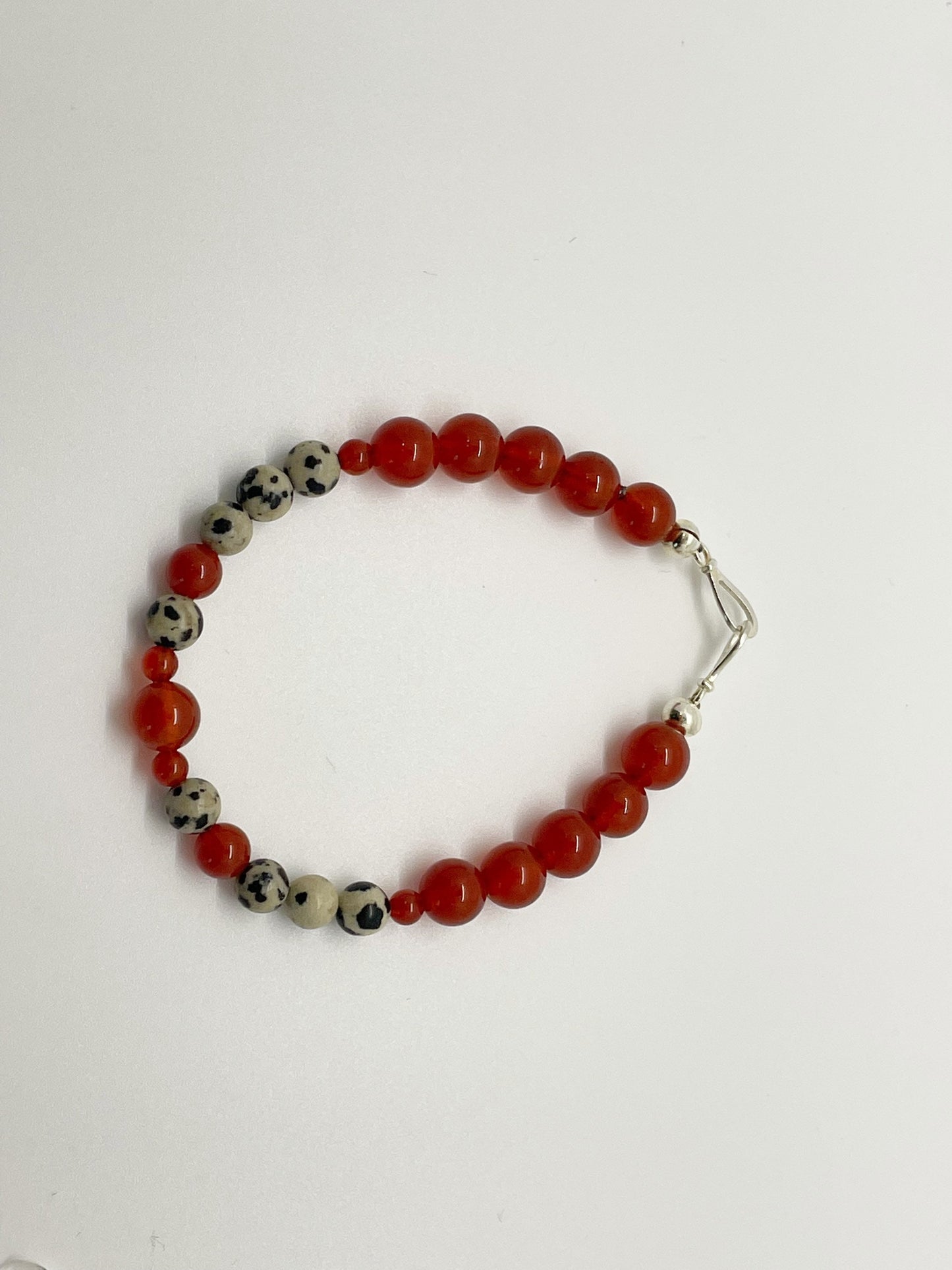 Crystal Gemstone Beaded Bracelet. Carnelian and Dalmatian Stone with Sterling Silver Clasp