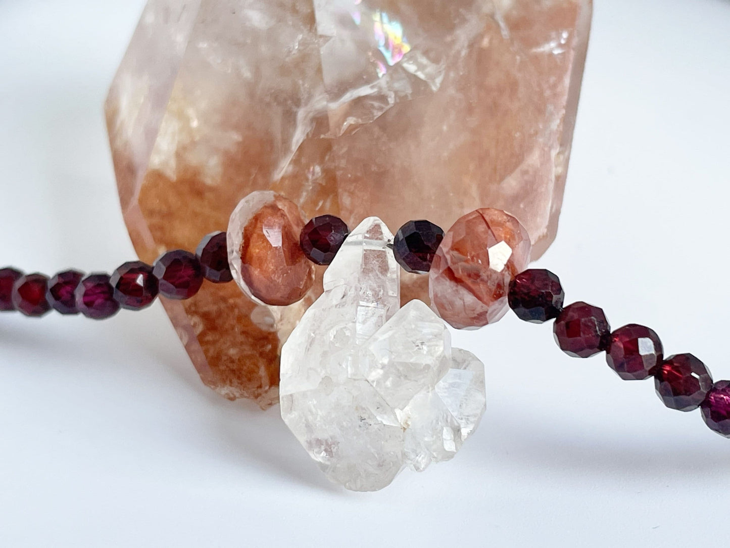 Crystal Gemstone Beaded Choker Necklace with One Of A Kind Herkimer Diamond, Garnet and Fire Quartz. Sterling Silver Clasp