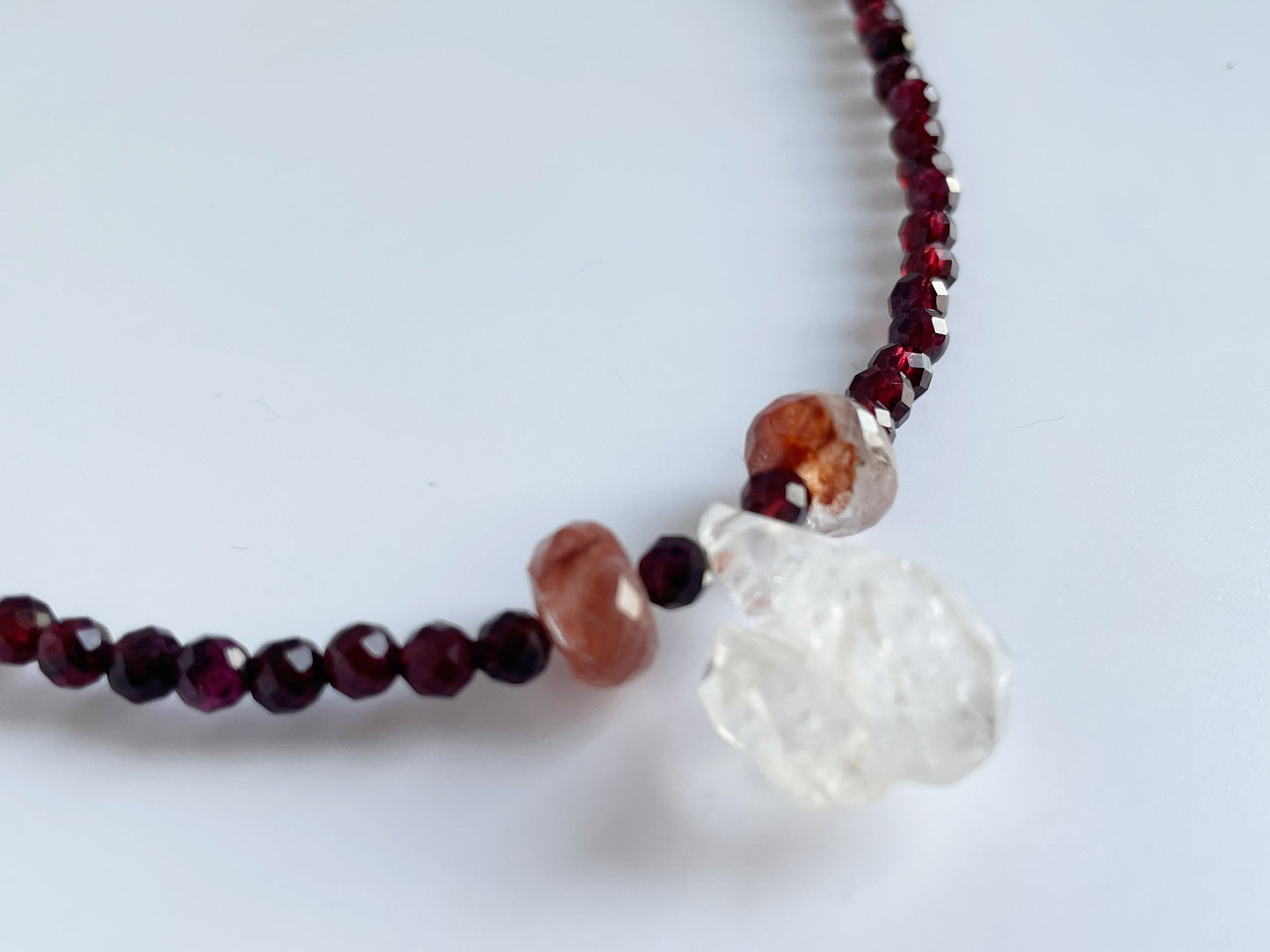 Crystal Gemstone Beaded Choker Necklace with One Of A Kind Herkimer Diamond, Garnet and Fire Quartz. Sterling Silver Clasp