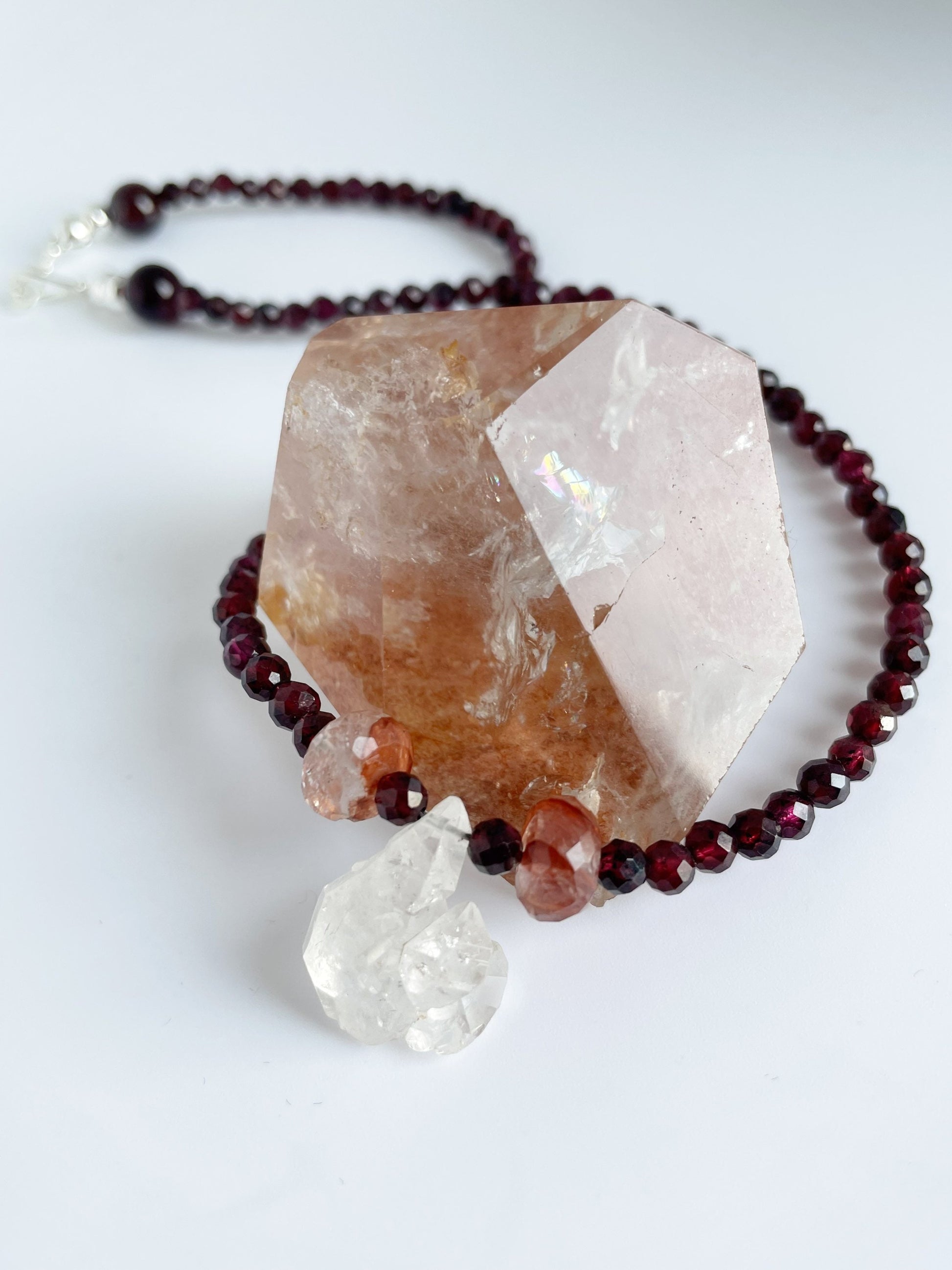 Crystal Gemstone Beaded Choker Necklace with One Of A Kind Herkimer Diamond, Garnet and Fire Quartz. Sterling Silver Clasp.