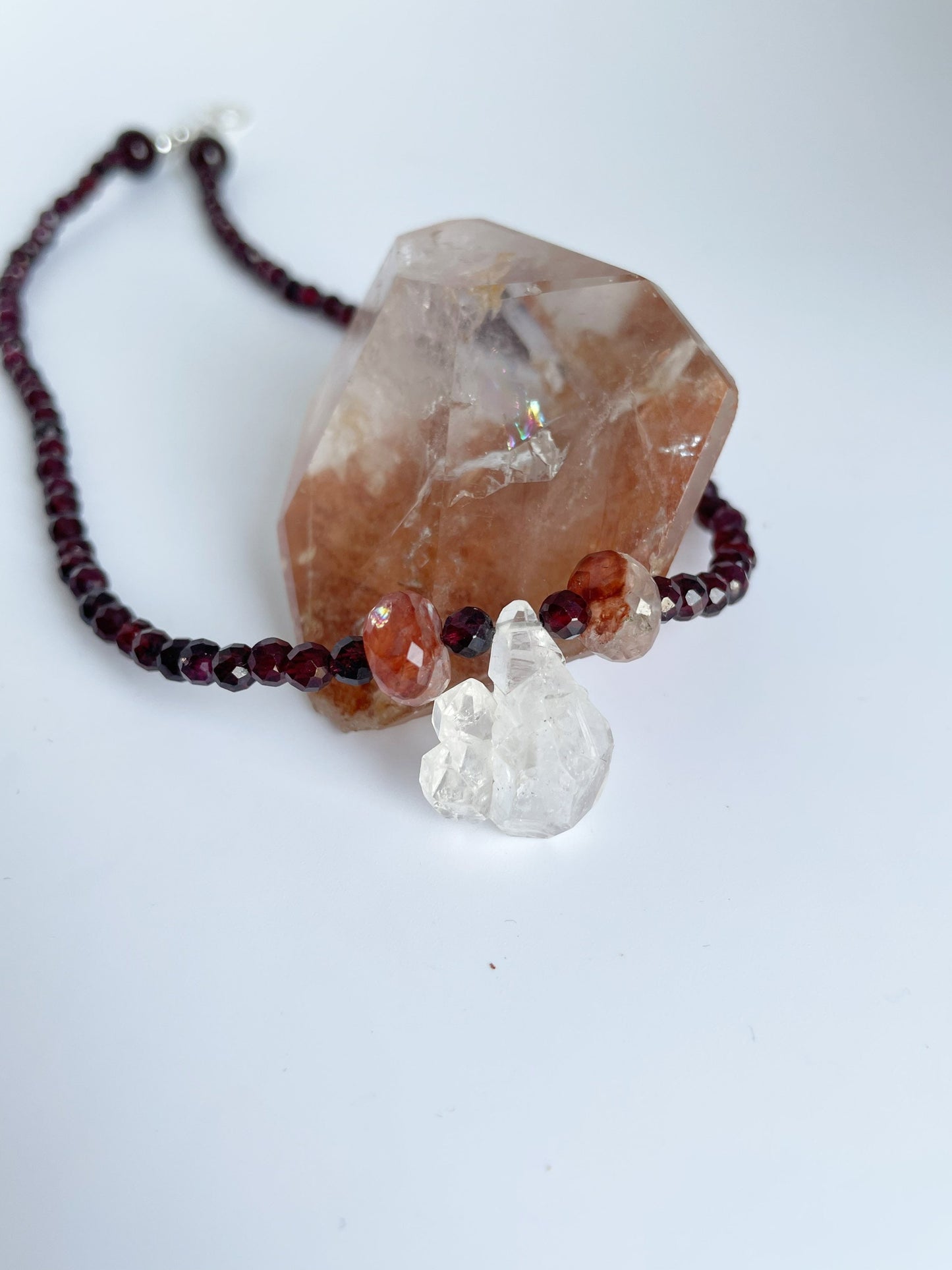 Crystal Gemstone Beaded Choker Necklace with One Of A Kind Herkimer Diamond, Garnet and Fire Quartz. Sterling Silver Clasp