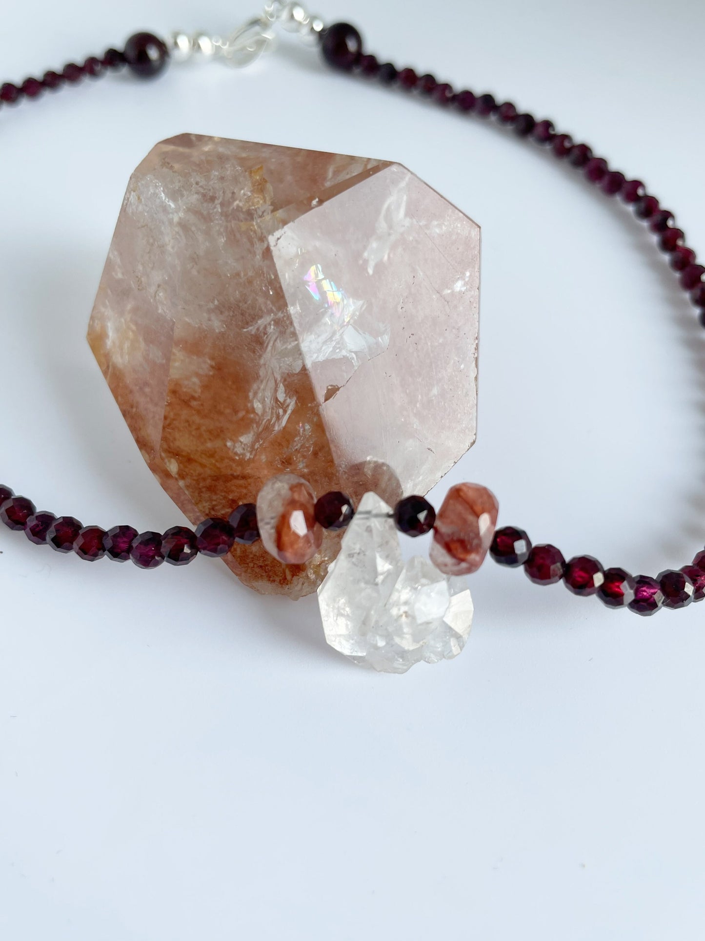 Crystal Gemstone Beaded Choker Necklace with One Of A Kind Herkimer Diamond, Garnet and Fire Quartz. Sterling Silver Clasp