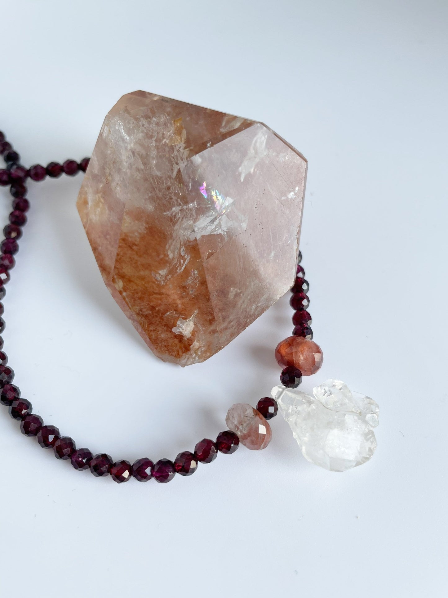 Crystal Gemstone Beaded Choker Necklace with One Of A Kind Herkimer Diamond, Garnet and Fire Quartz. Sterling Silver Clasp