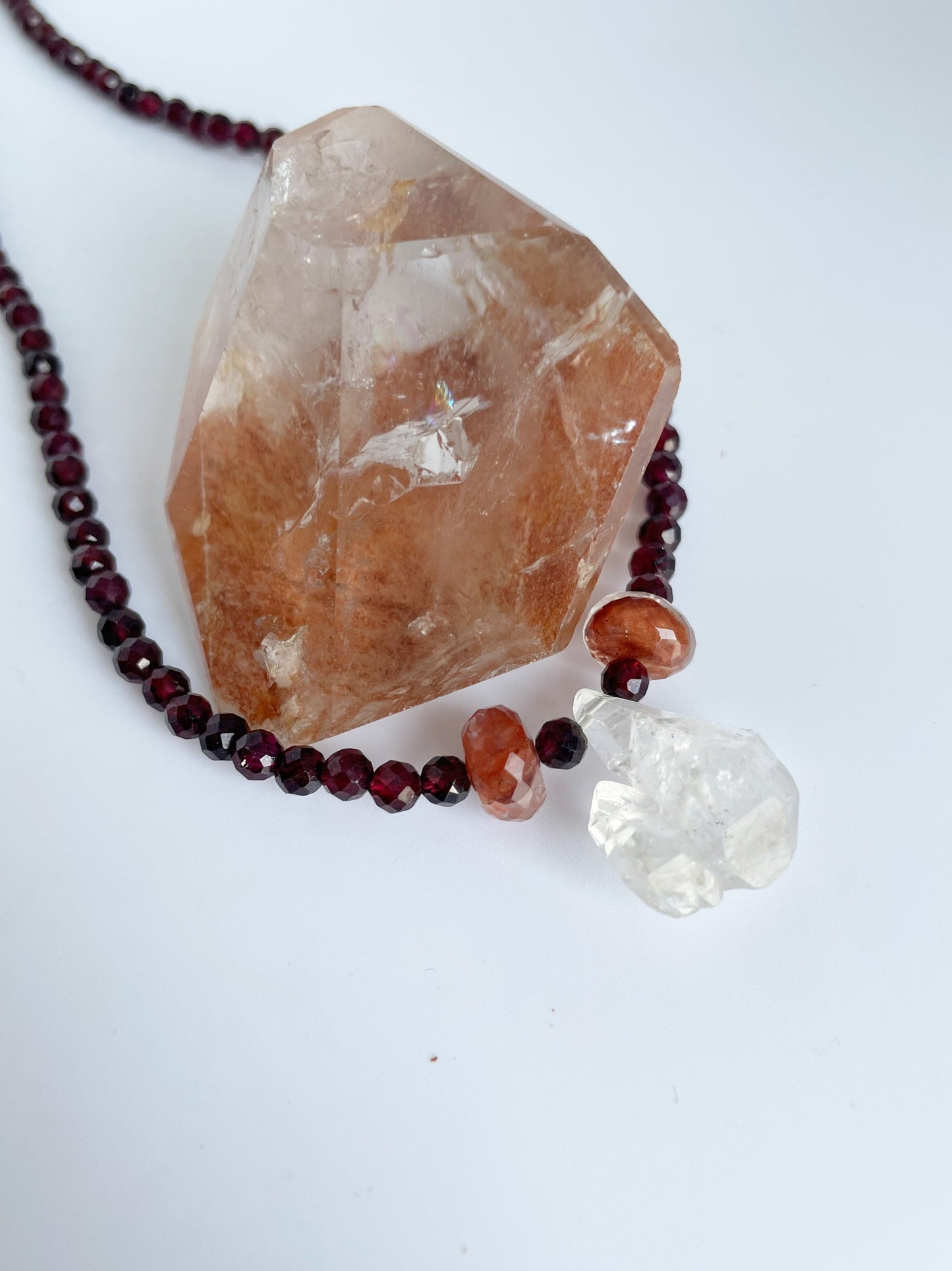 Crystal Gemstone Beaded Choker Necklace with One Of A Kind Herkimer Diamond, Garnet and Fire Quartz. Sterling Silver Clasp