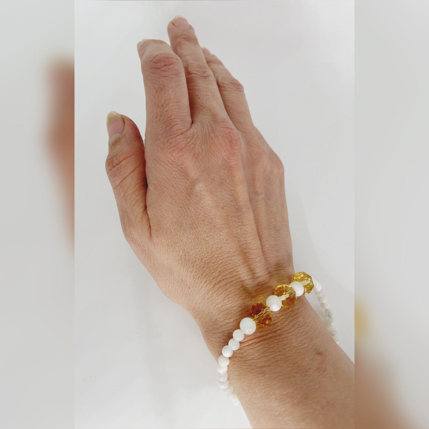 Joyous Prosperity Gemstone Bracelet. Faceted Citrine and Mother of Pearl Beaded Bracelet