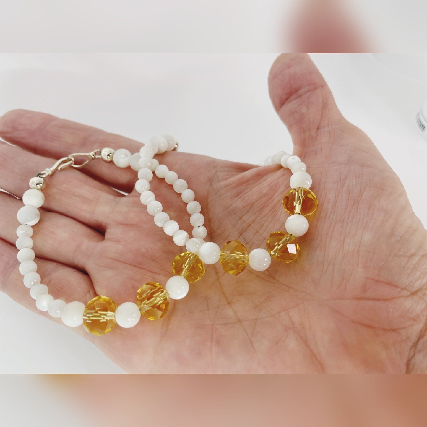 Joyous Prosperity Gemstone Bracelet. Faceted Citrine and Mother of Pearl Beaded Bracelet with Sterling Silver