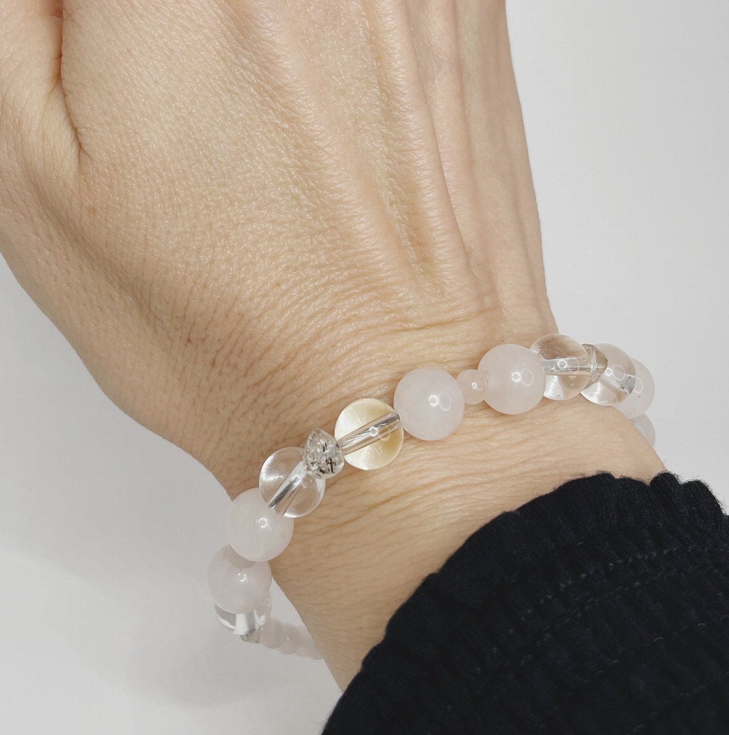 Rose Quartz, Quartz, and Herkimer Diamond Breathbead Bracelet with Sterling Silver Clasp