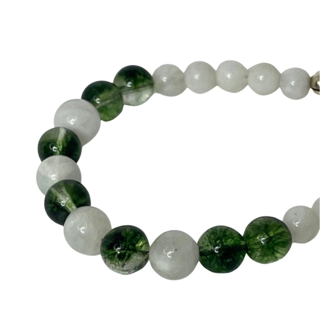 Peridot and Moonstone Gemstone Bracelet with Sterling Silver.  Green and white beads.