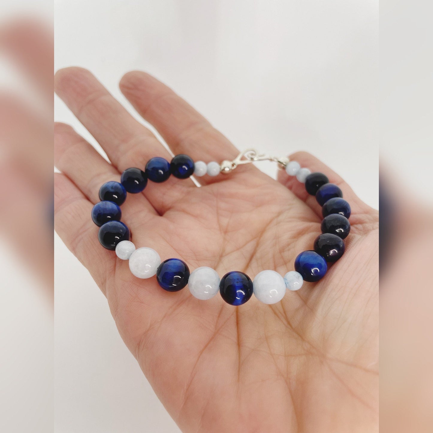 Throat Chakra Crystal Beaded Bracelet with Sterling Silver Clasp. Aquamarine and Blue Tiger’s Eye Crystal Round Beads