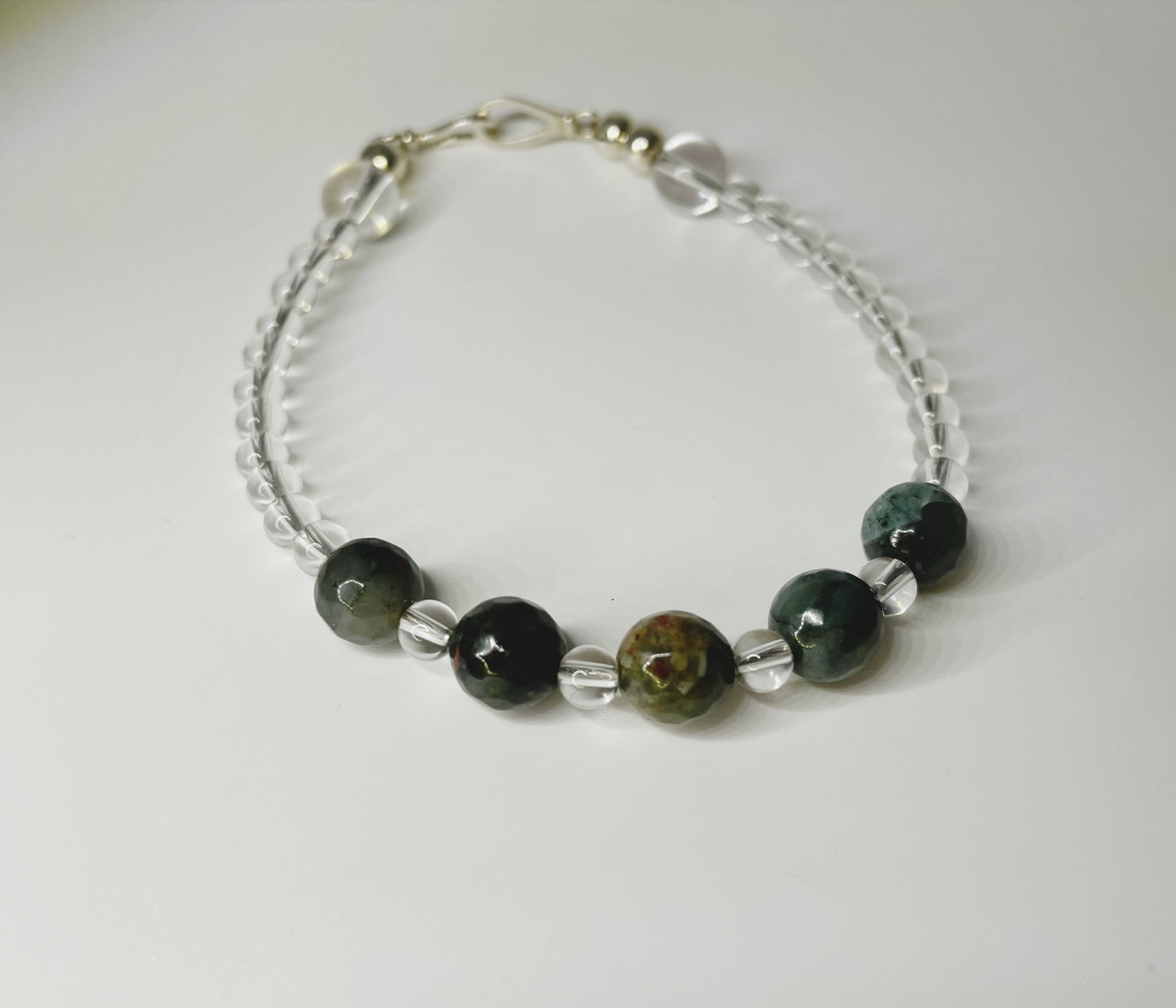 Crystal Green and Clear Stone Beaded Bracelet with Clear Quartz, Bloodstone and Sterling Silver Clasp