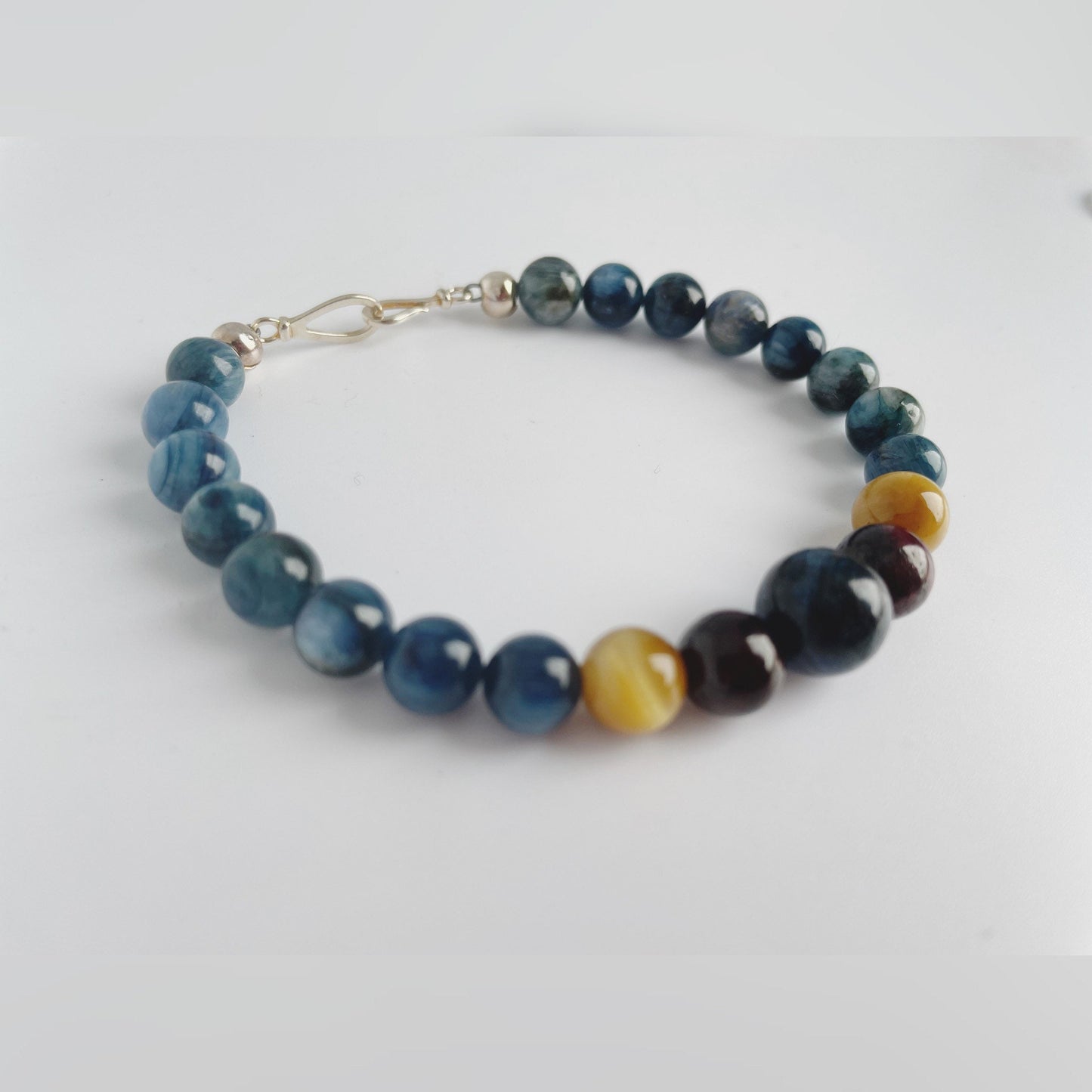 Blue Kyanite, Yellow Tigers Eye and Garnet Gemstone Bracelet with Sterling Silver Clasp