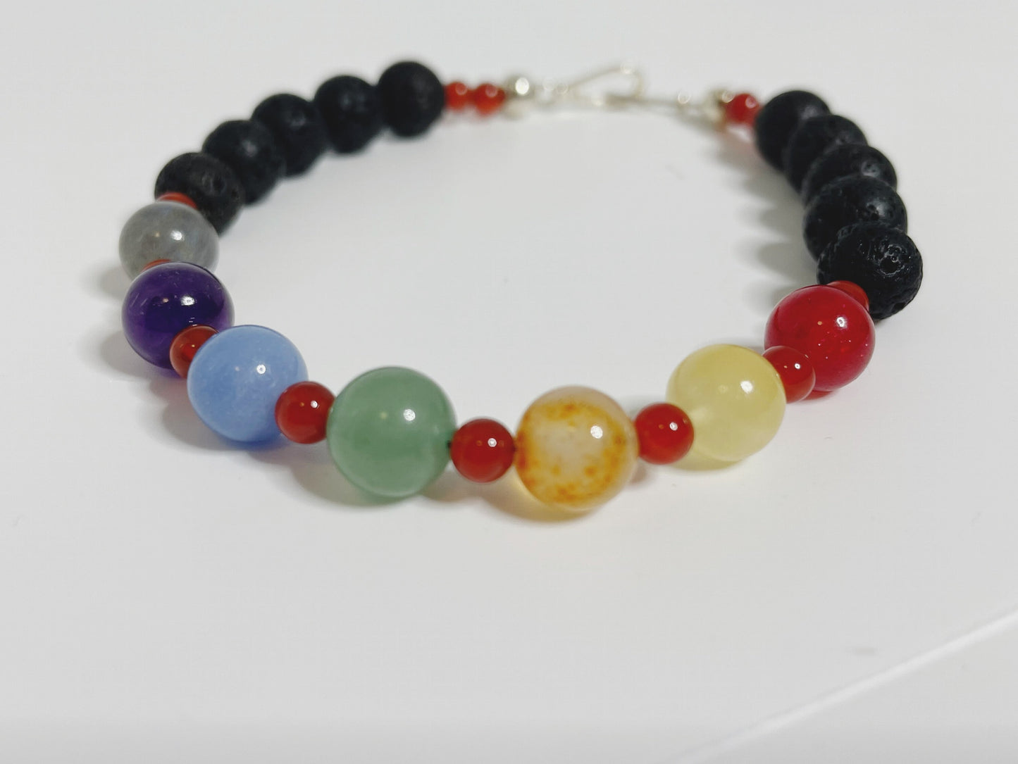 Chakra Crystal Beaded Bracelet with Sterling Silver.  8mm crystal beads. Agate, Amethyst, Carnelian, Yellow jade, Angelite, Green Aventurine