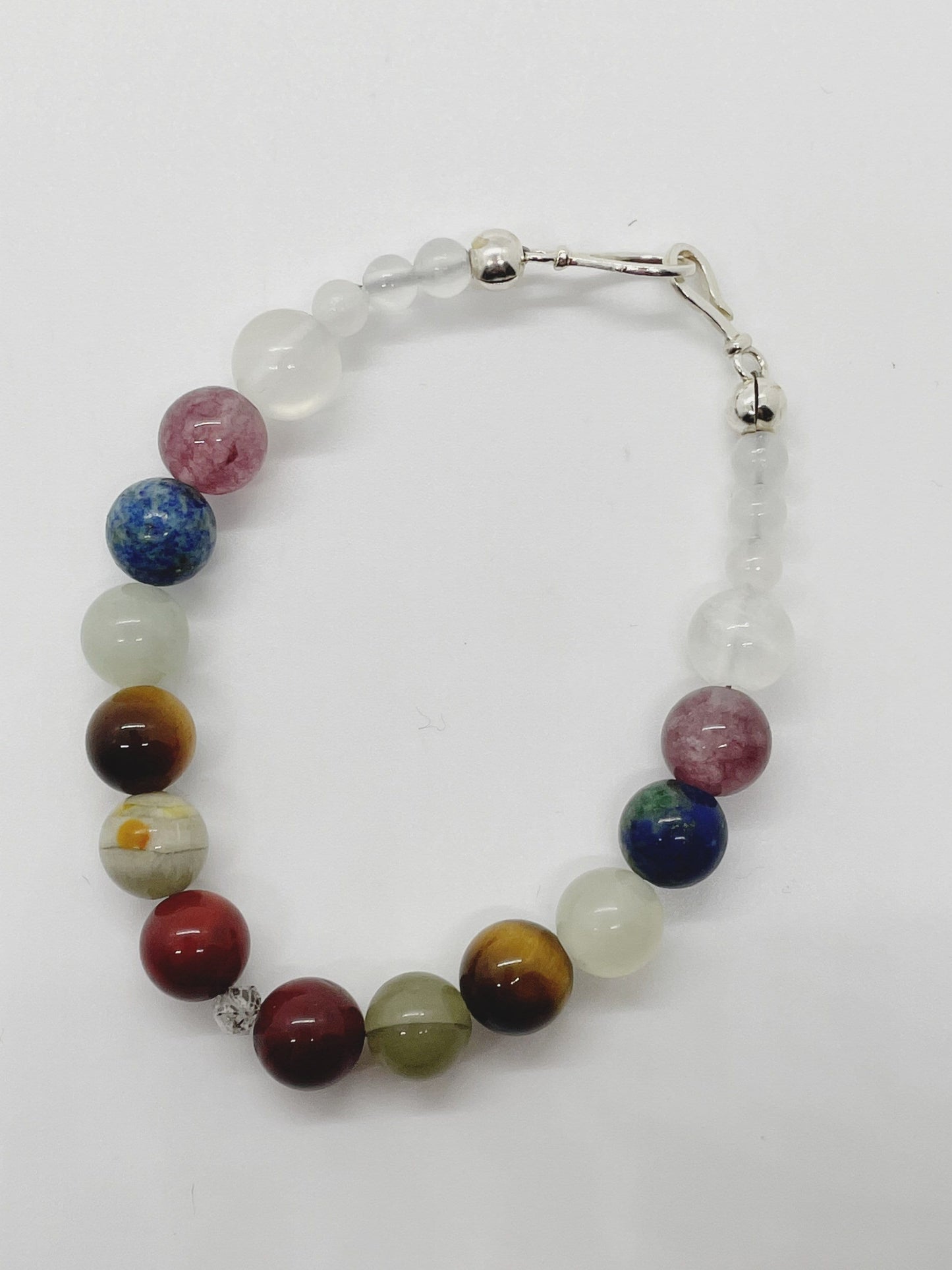 Crystal Beaded Gemstone Bracelet. Herkimer Quartz, Red Jasper, Bumblebee Jasper, Tiger’s Eye, Jade, Lapis, Lepidolite, Selenite with Sterling Silver Clasp