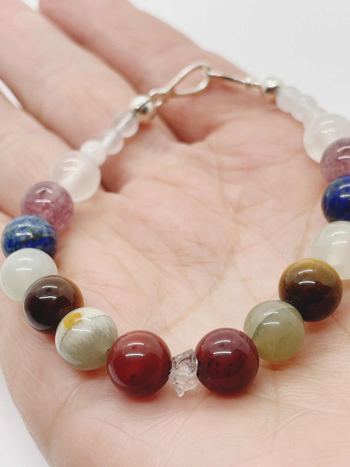 Crystal Beaded Gemstone Bracelet. Herkimer Quartz, Red Jasper, Bumblebee Jasper, Tiger’s Eye, Jade, Lapis, Lepidolite, Selenite with Sterling Silver Clasp