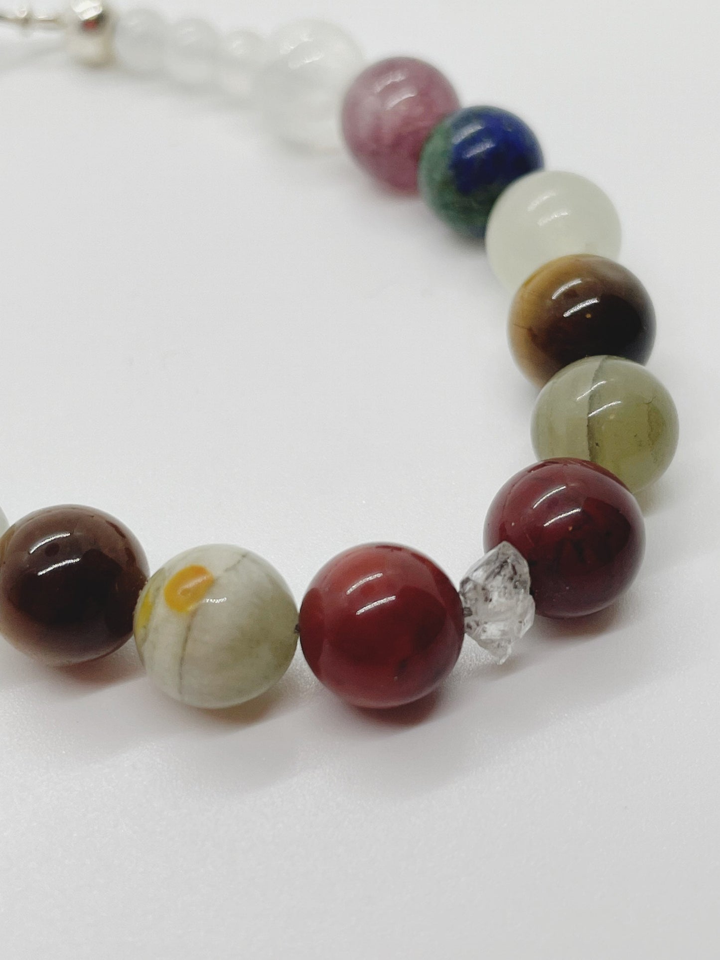 Crystal Beaded Gemstone Bracelet. Herkimer Quartz, Red Jasper, Bumblebee Jasper, Tiger’s Eye, Jade, Lapis, Lepidolite, Selenite with Sterling Silver Clasp