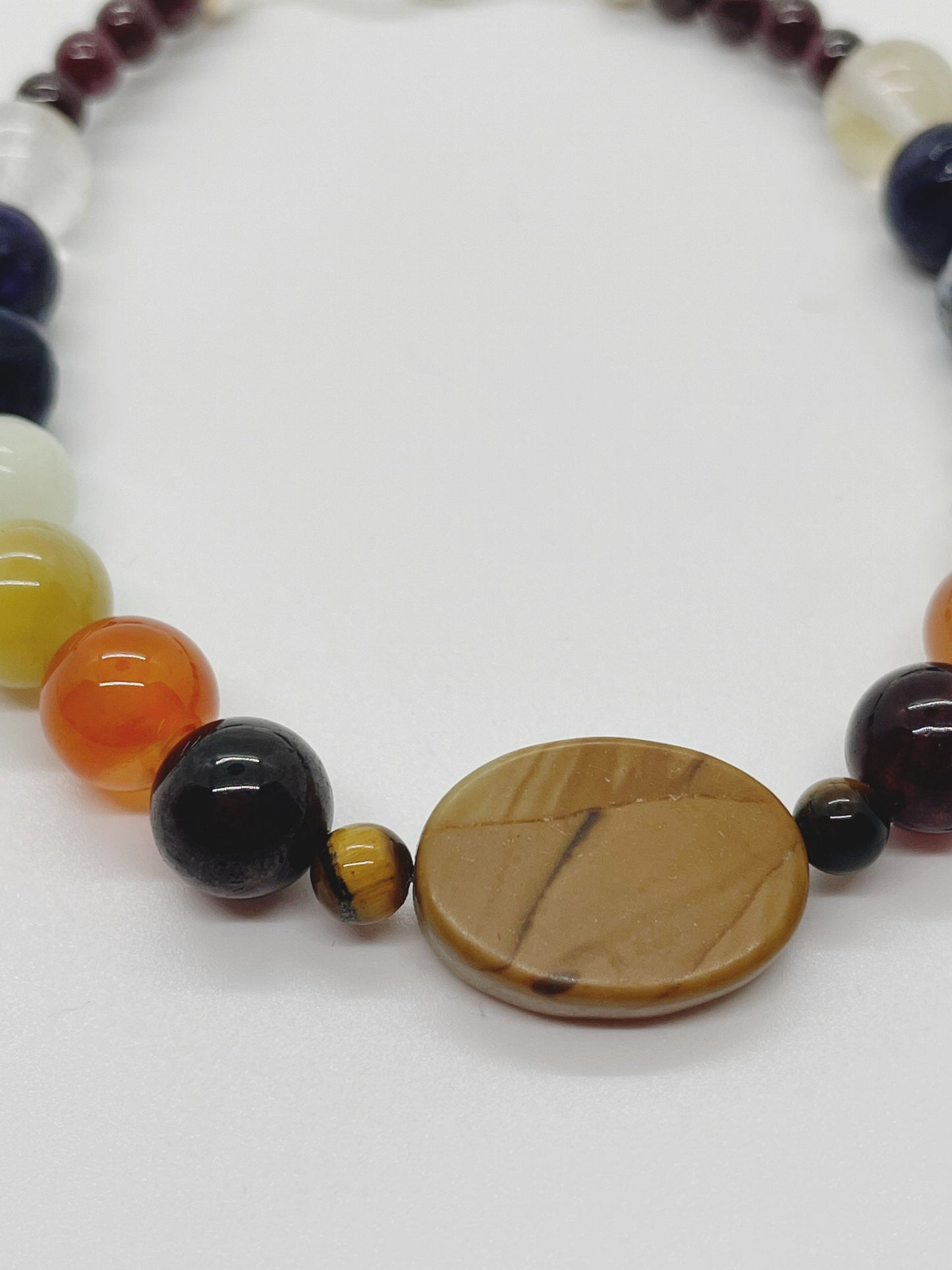 Crystal Bead Chakra Bracelet. Picture Jasper, Tiger’s Eye, Garnet, Carnelian, Yellow Tiger’s Eye, Cave Calcite, Lapis, Charoite, Tourmaline