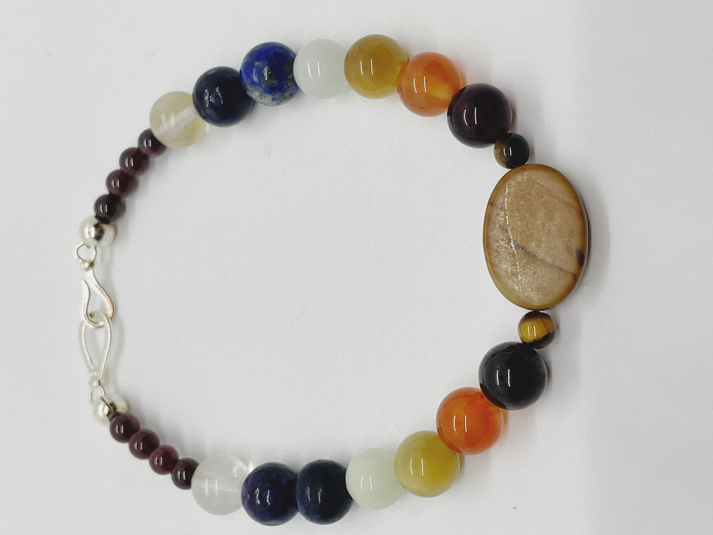 Crystal Bead Chakra Bracelet. Picture Jasper, Tiger’s Eye, Garnet, Carnelian, Yellow Tiger’s Eye, Cave Calcite, Lapis, Charoite, Tourmaline