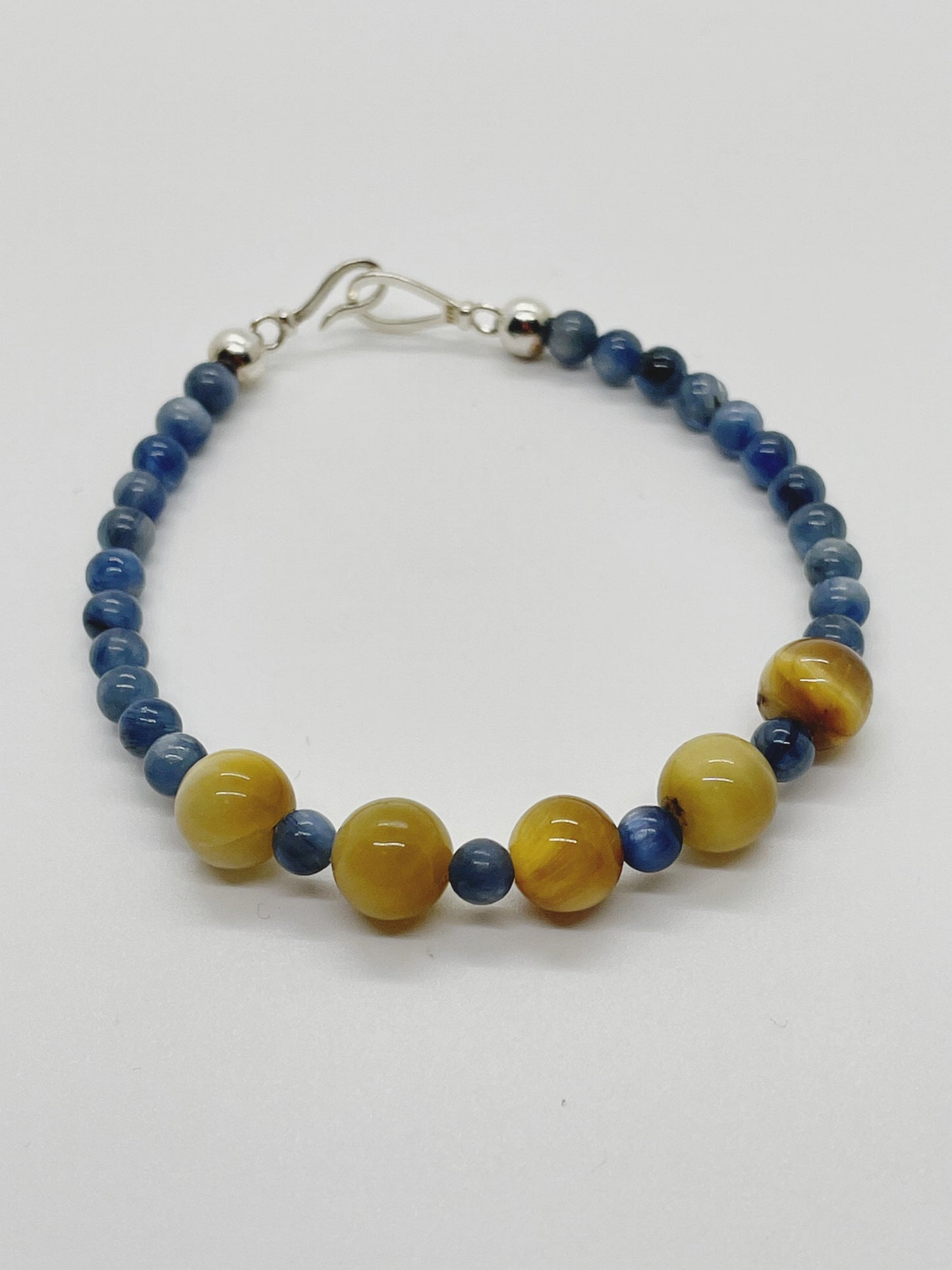 Crystal Beaded Gemstone Bracelet. Blue Kyanite, Yellow Tiger’s Eye and Sterling Silver