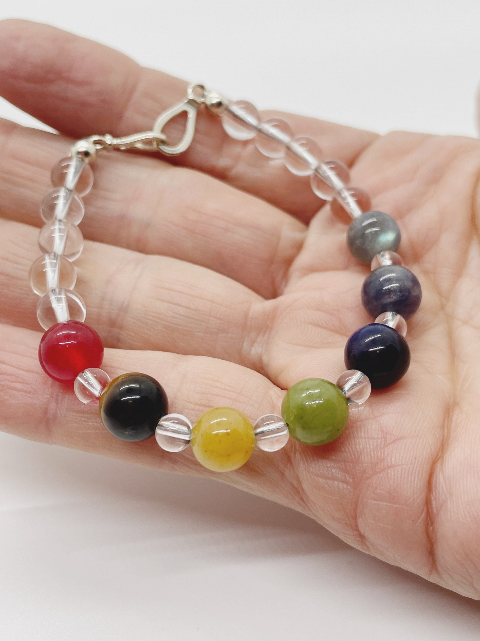 Crystal Beaded Chakra Bracelet. Red Agate, Serpentine, Tiger’s Eye, Jade, Blue Tiger’s Eye, Lolita, Labradorite, Clear Quartz