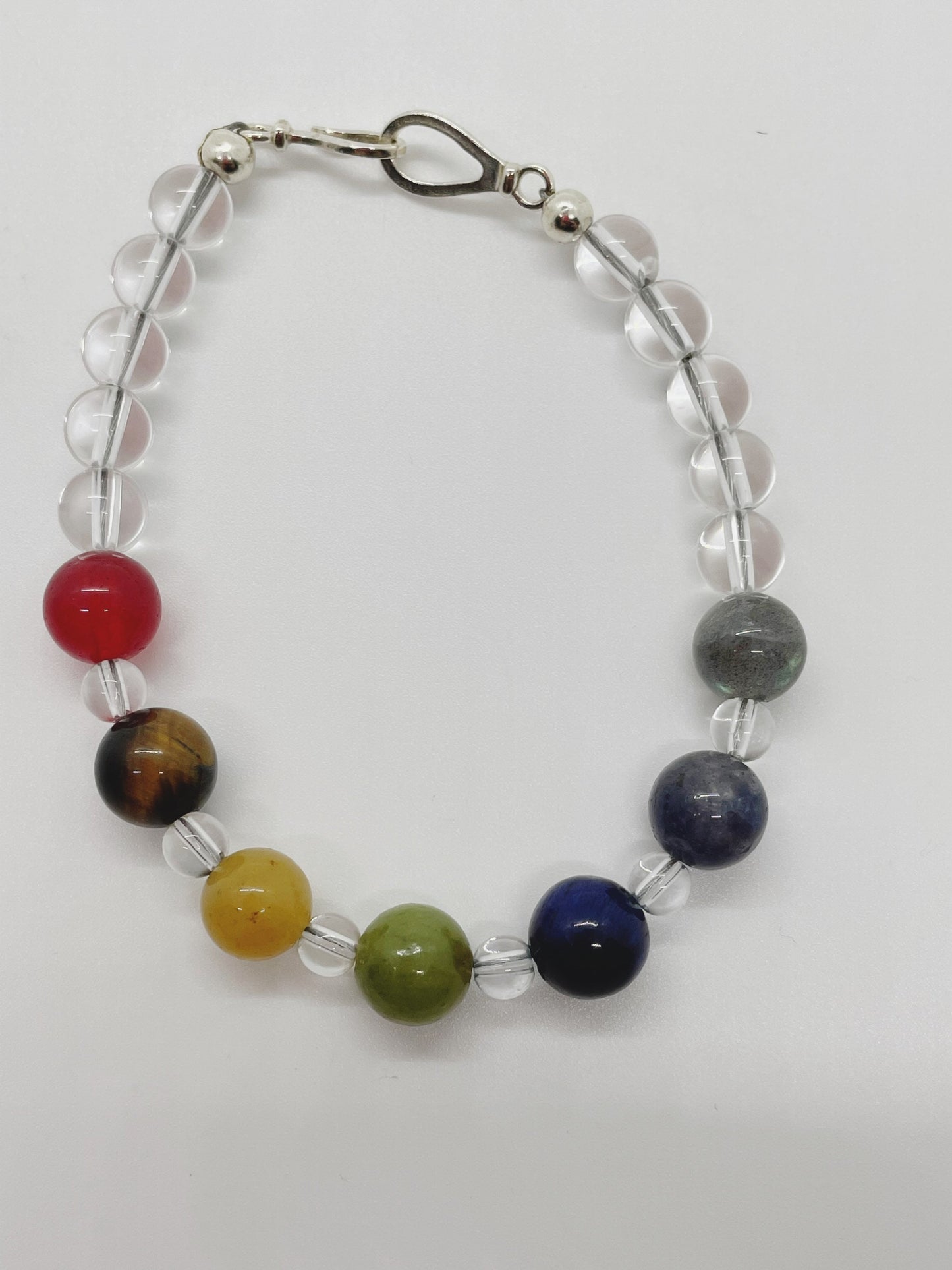 Crystal Beaded Chakra Bracelet. Red Agate, Serpentine, Tiger’s Eye, Jade, Blue Tiger’s Eye, Lolita, Labradorite, Clear Quartz