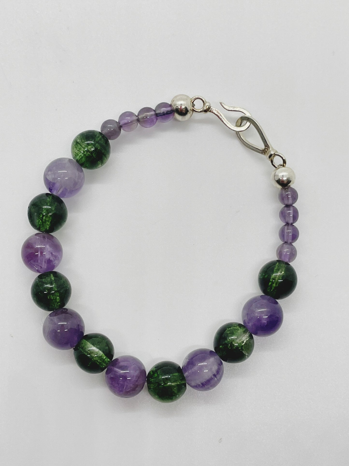 Crystal Gemstone Beaded Purple Bracelet. Amethyst, Peridot and Sterling Silver