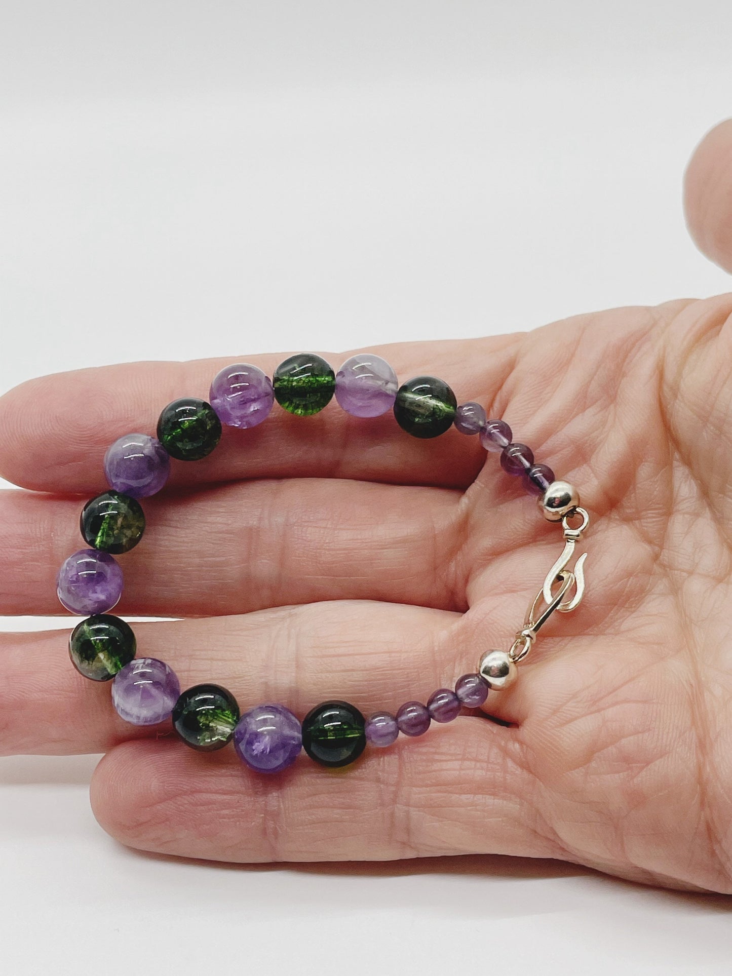 Crystal Gemstone Beaded Purple Bracelet. Amethyst, Peridot and Sterling Silver