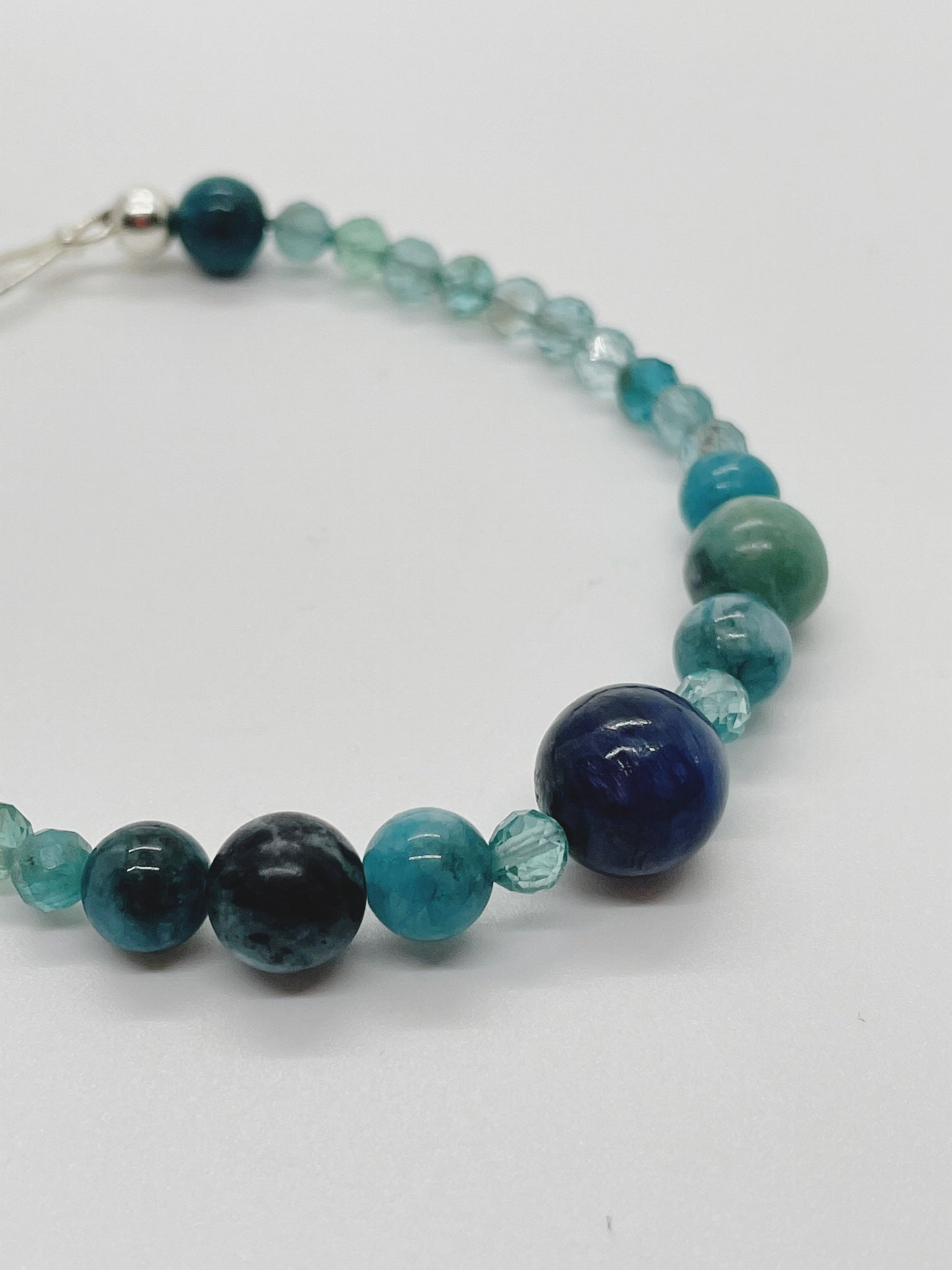 Crystal Gemstone Beaded Bracelet. Blue Kyanite, African Blue Opal, Apatite and Sterling Silver Clasp