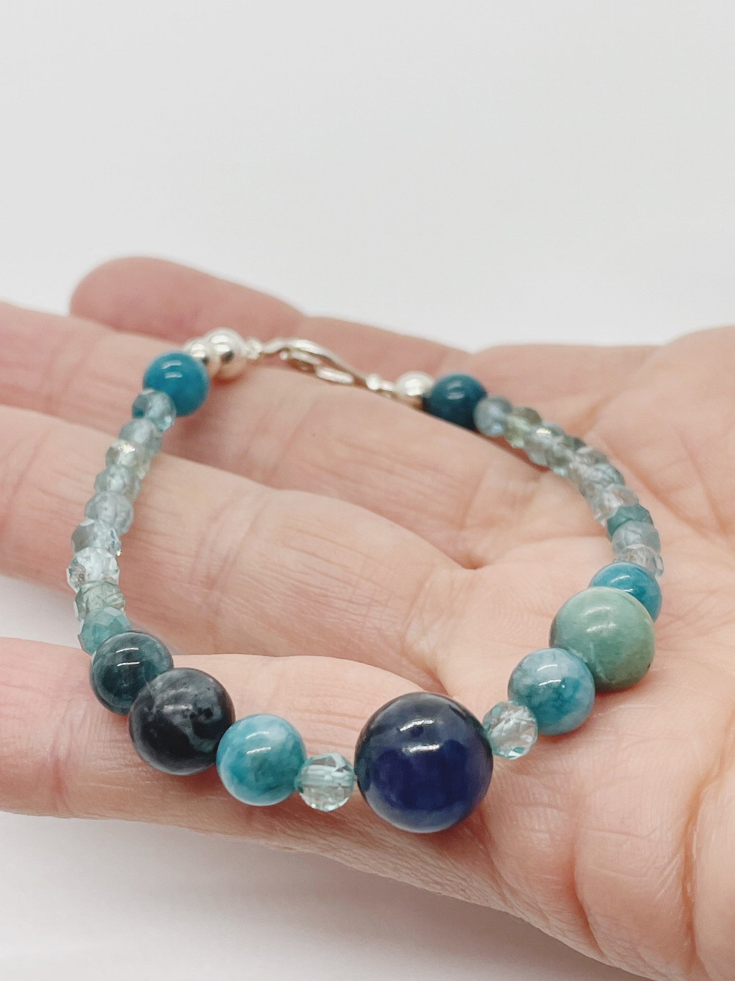 Crystal Gemstone Beaded Bracelet. Blue Kyanite, African Blue Opal, Apatite and Sterling Silver Clasp