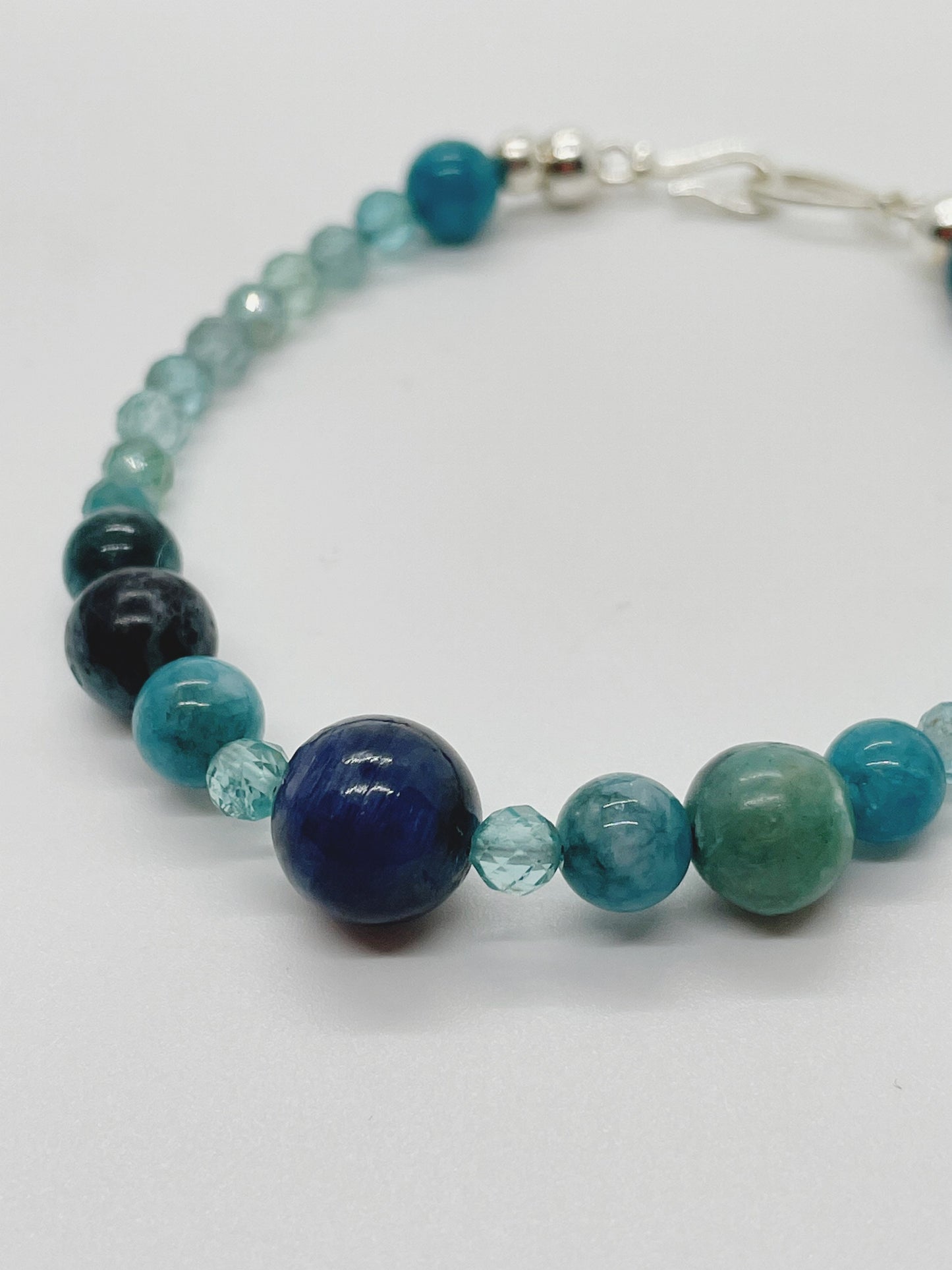 Crystal Gemstone Beaded Bracelet. Blue Kyanite, African Blue Opal, Apatite and Sterling Silver Clasp