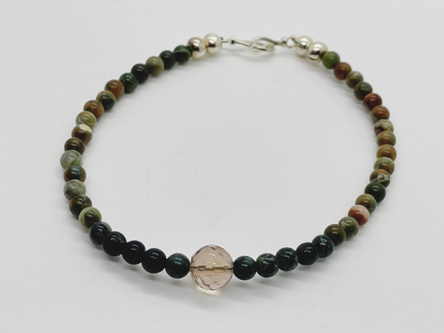 Crystal Gemstone Beaded Bracelet. Kambaba Jasper, Fluorite and Sterling Silver