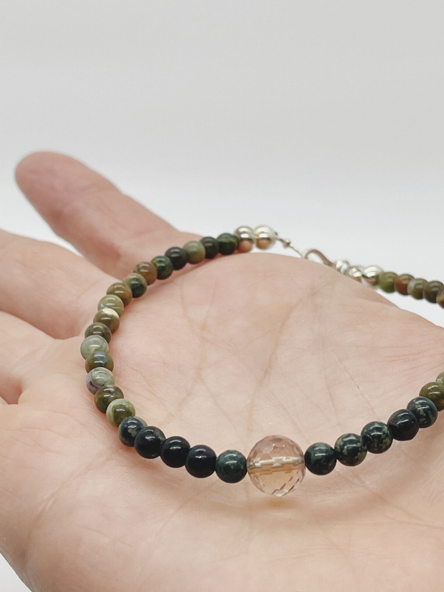 Crystal Gemstone Beaded Bracelet. Kambaba Jasper, Fluorite and Sterling Silver