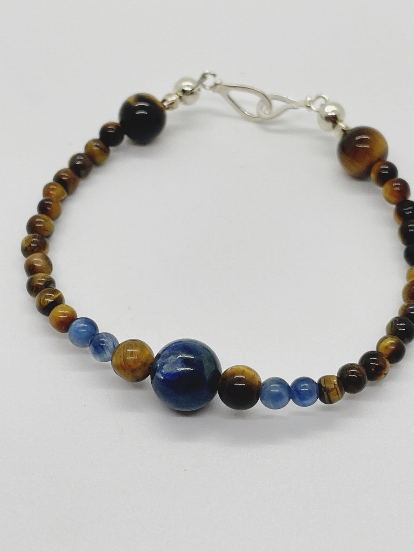 Crystal Gemstone Beaded Bracelet. Blue Kyanite, Tiger's Eye and Sterling Silver