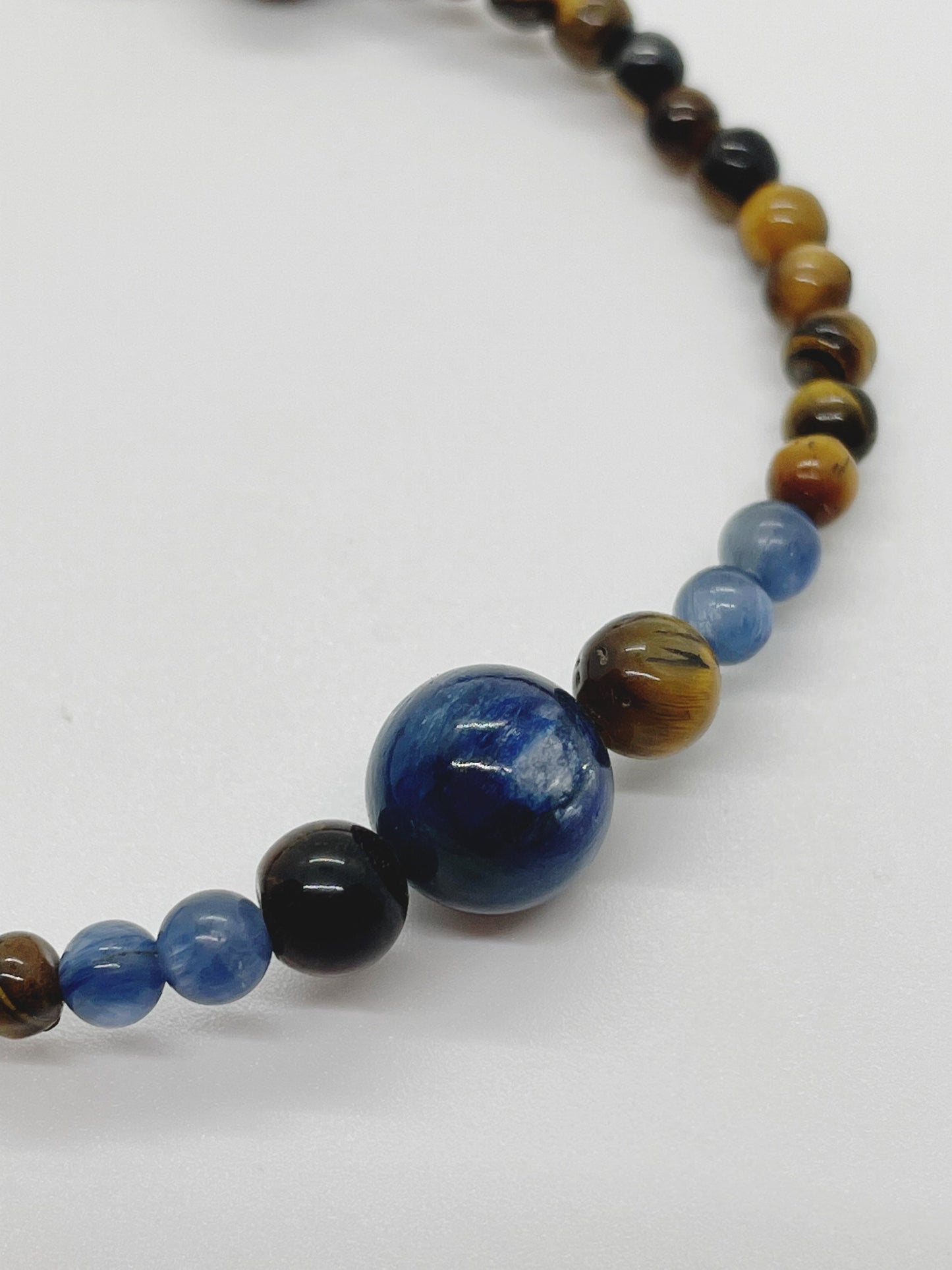 Crystal Gemstone Beaded Bracelet. Blue Kyanite, Tiger's Eye and Sterling Silver