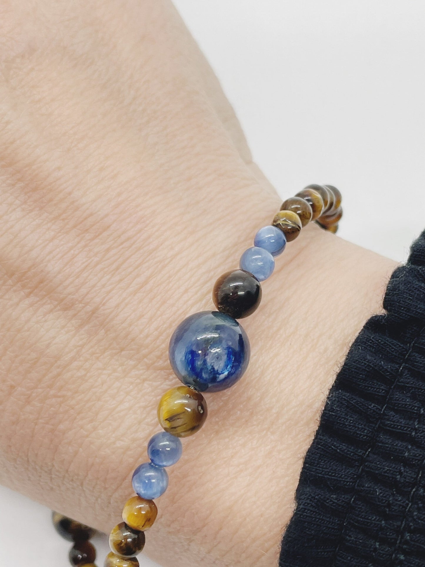 Crystal Gemstone Beaded Bracelet. Blue Kyanite, Tiger's Eye and Sterling Silver