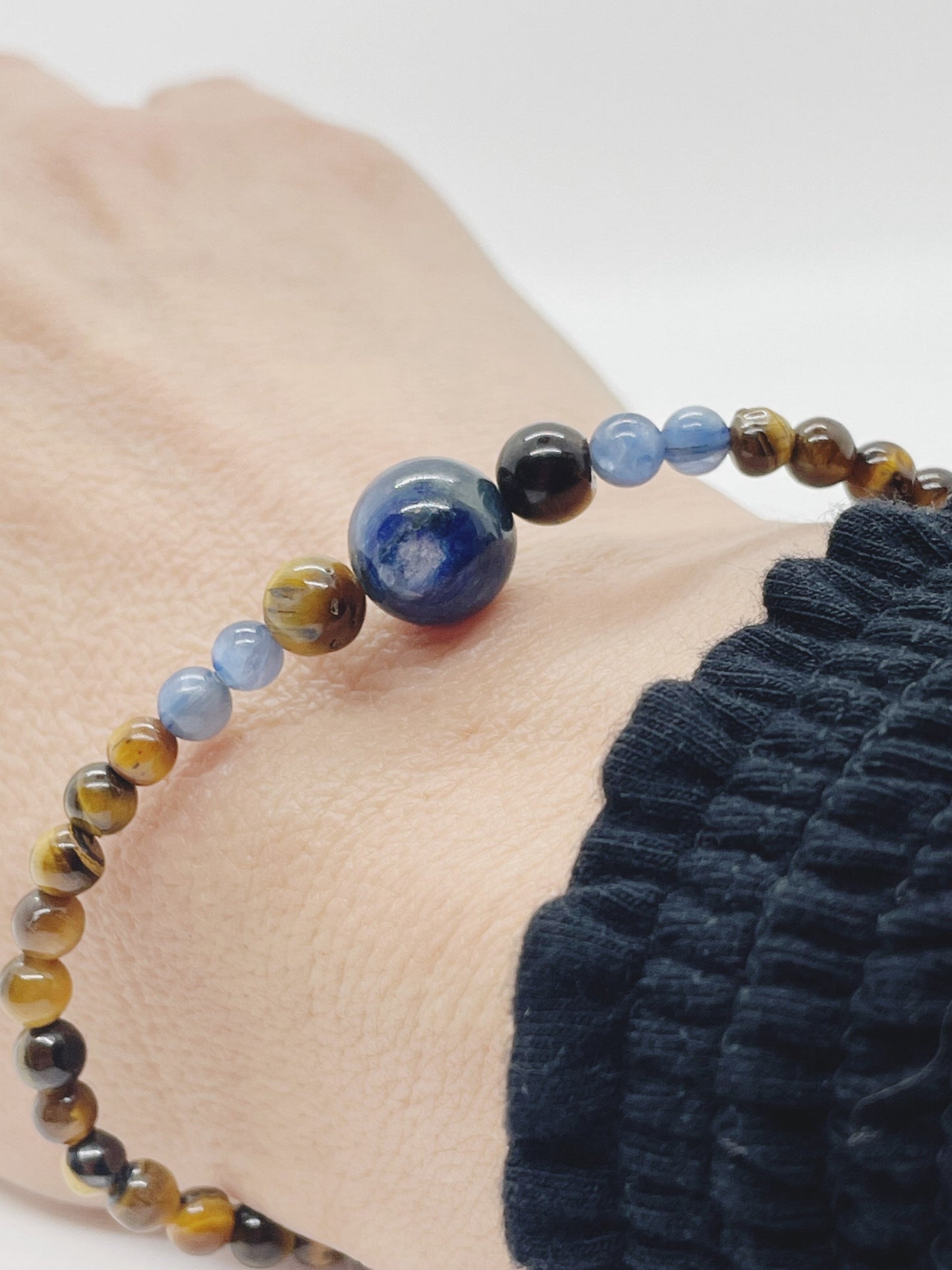 Crystal Gemstone Beaded Bracelet. Blue Kyanite, Tiger's Eye and Sterling Silver