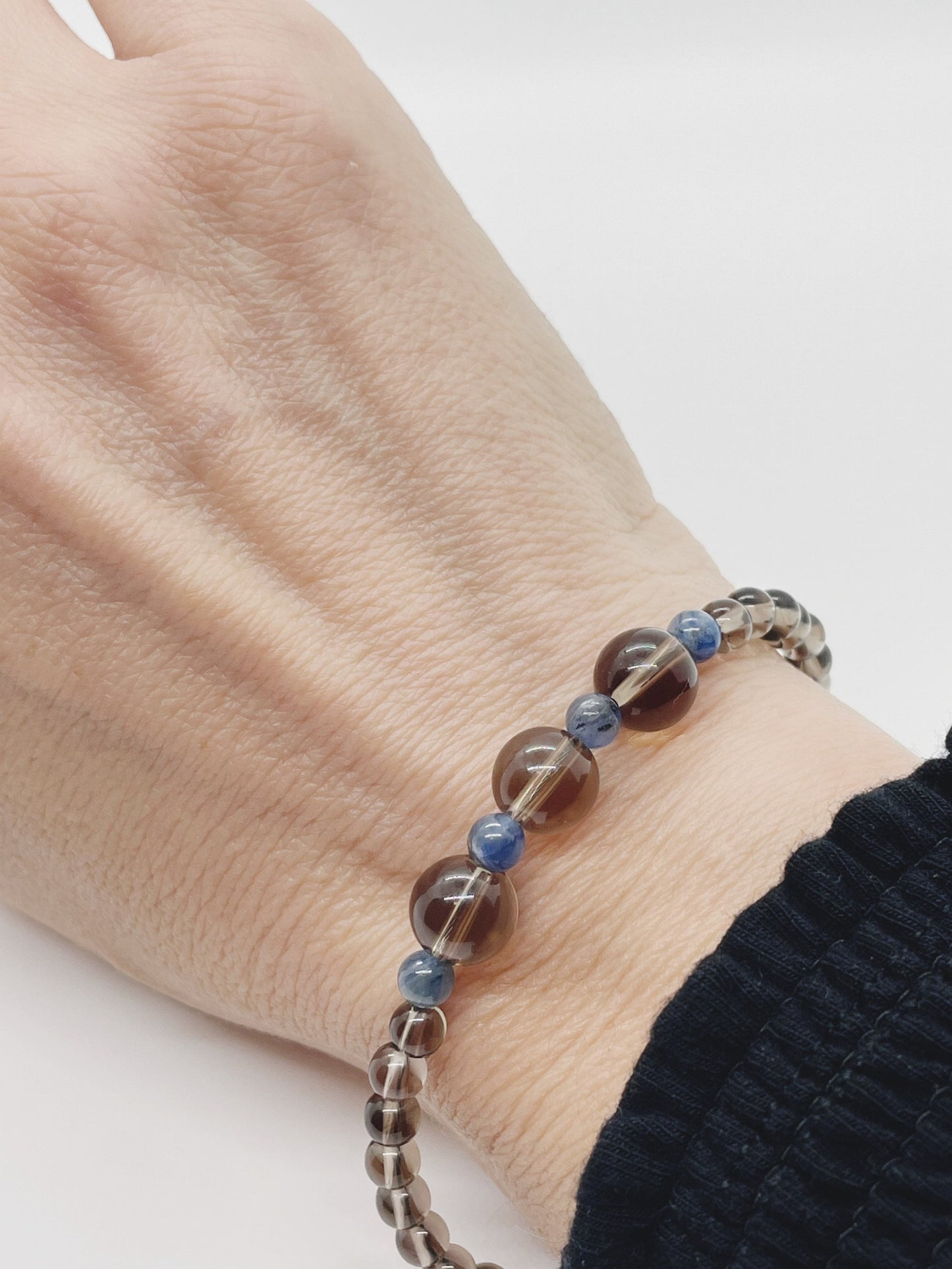 Crystal Gemstone Beaded Bracelet. Smoky Quartz, Blue Kyanite and Sterling Silver