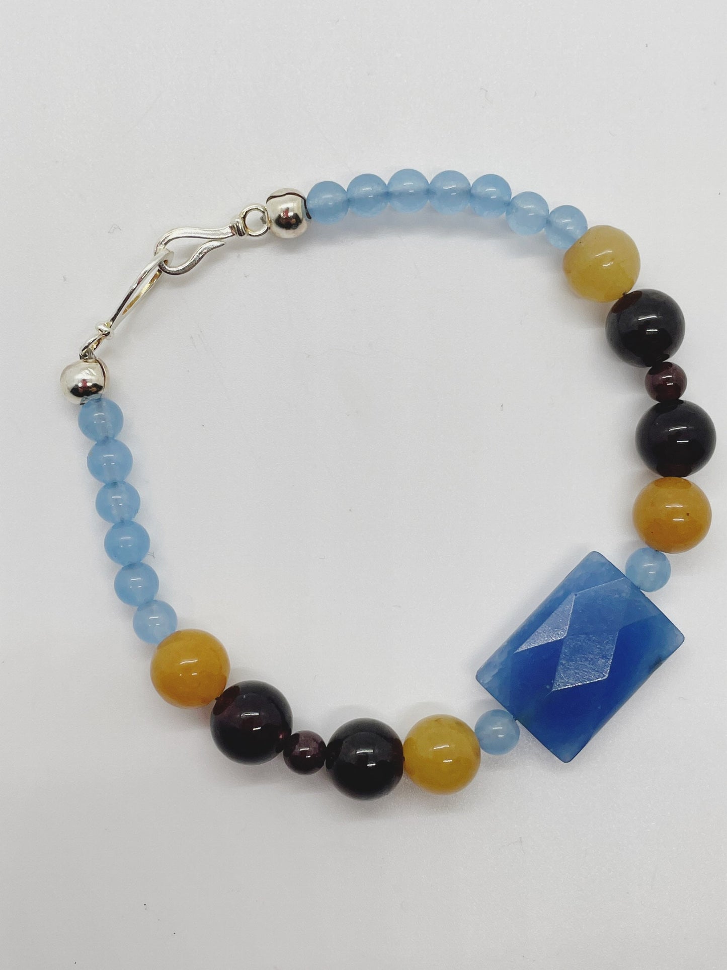 Crystal Gemstone Breathbeads Bracelet. Garnet, Blue Serpentine, Blue Agate and Sterling Silver